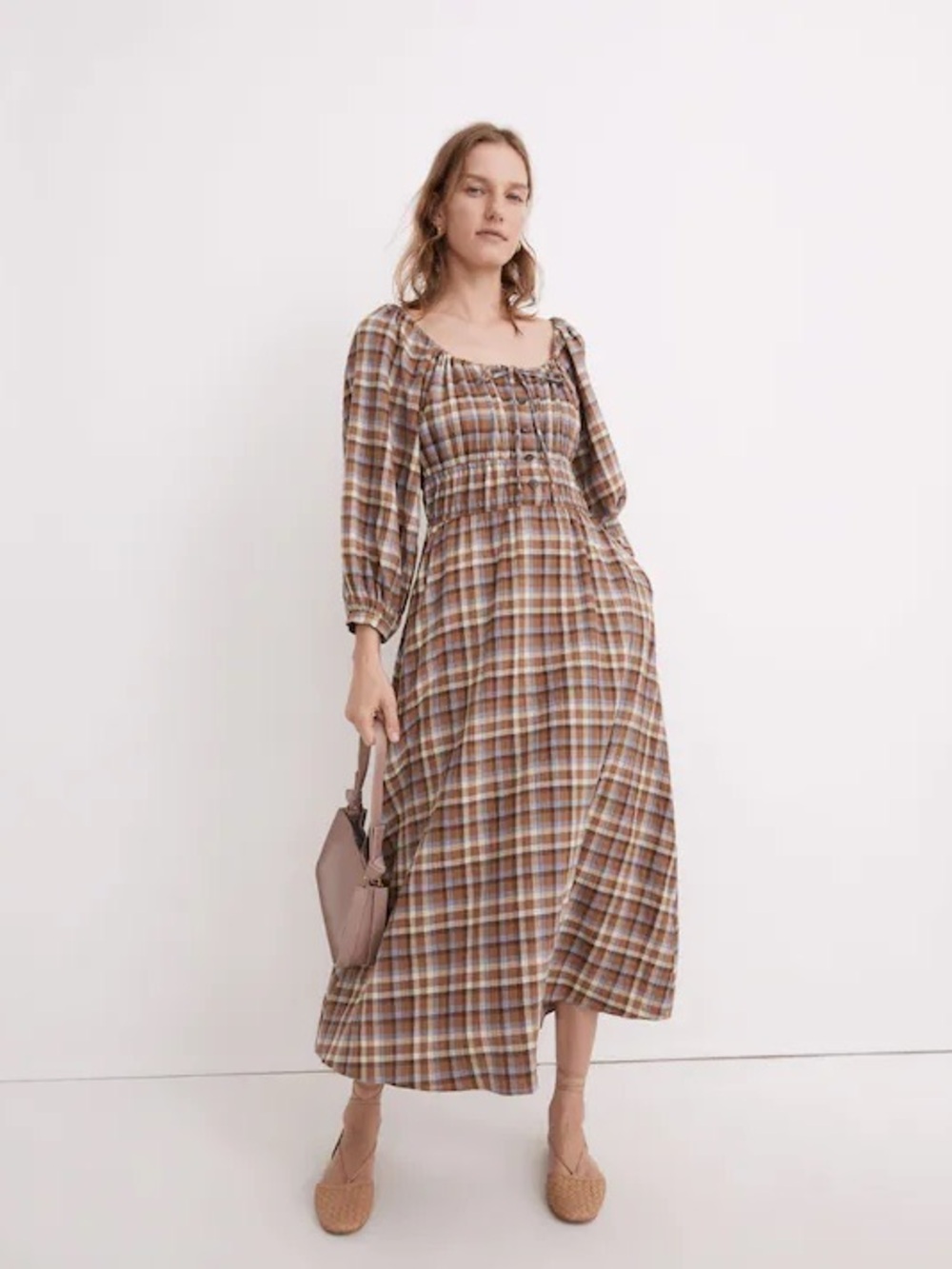Madewell Gauze Sophia Midi Dress Forage Brown Plaid A-Line Cotton Blend